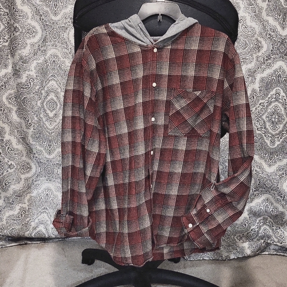 Men's Flannel with Hoodie (Gray, Tan, Black & Red) Big and Tall